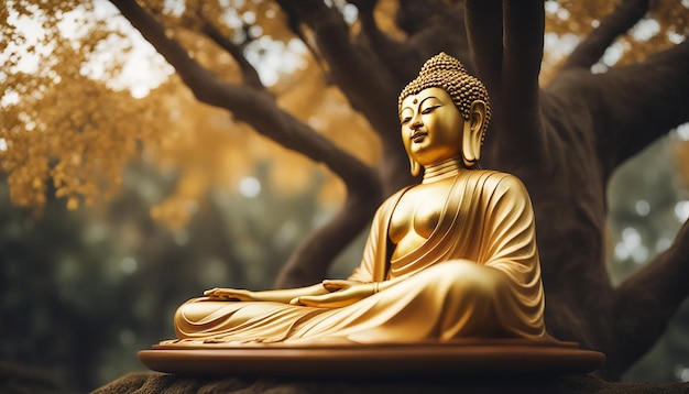 Golden buddha statue under tree generated by ai