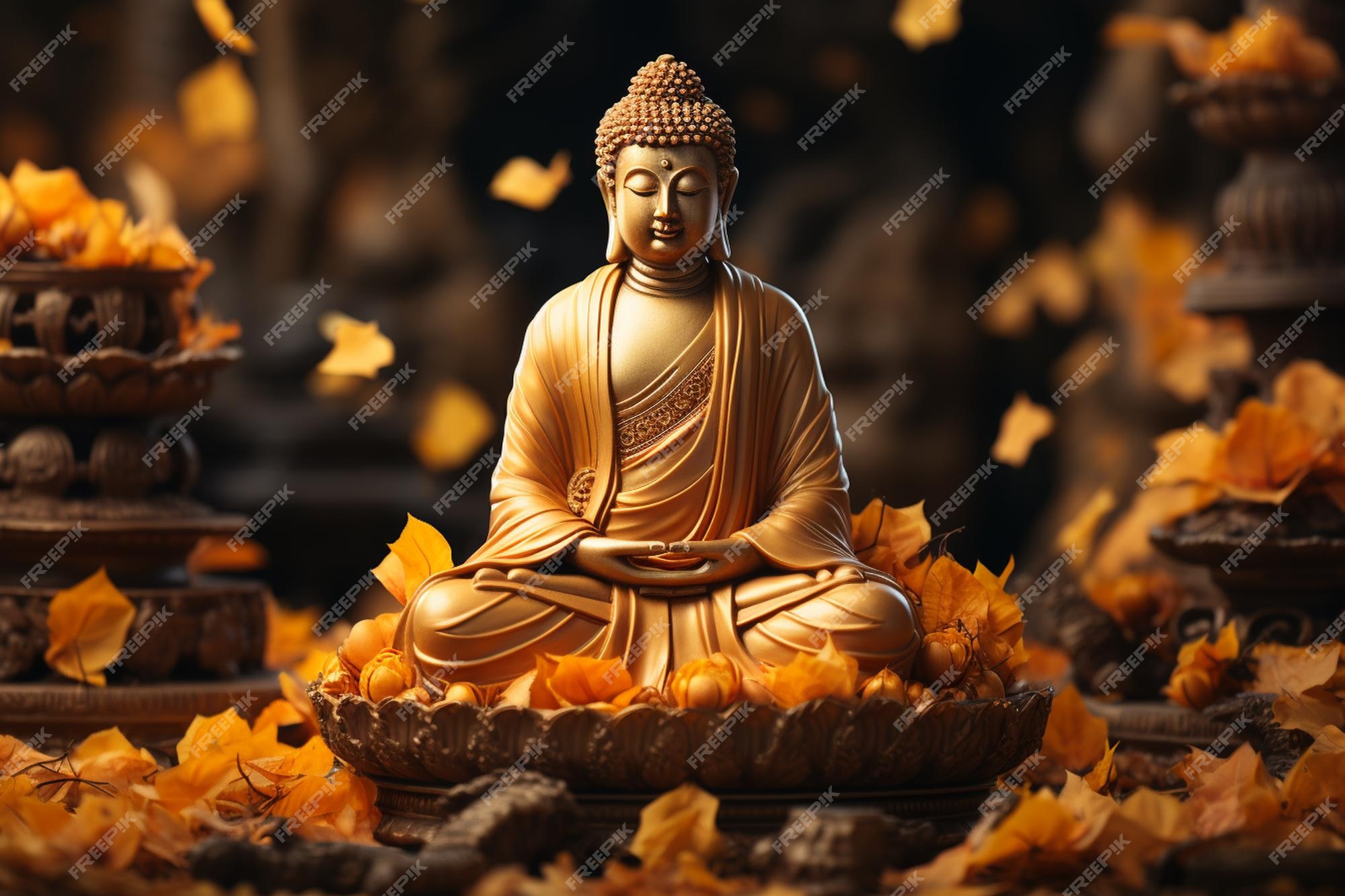 Premium Photo | Golden buddha statue with autumn leaves in temple ...