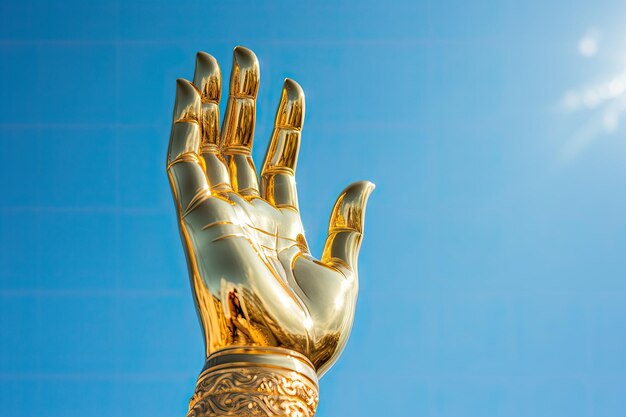 푸른 하늘과 빛을 가진 금색 부처 동상이 가까운 손 조각을 보여줍니다.