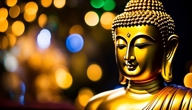 Золотая статуя Будды с огнями боке