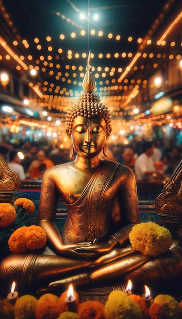 Golden Buddha Statue with Festive Lights and Offerings