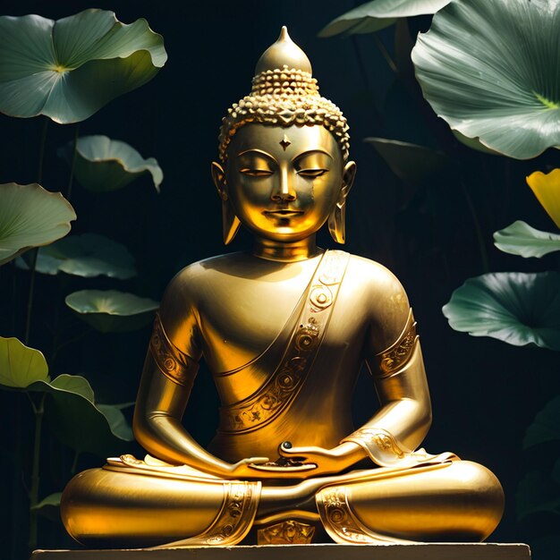 Foto statua dorata del buddha con posa del loto