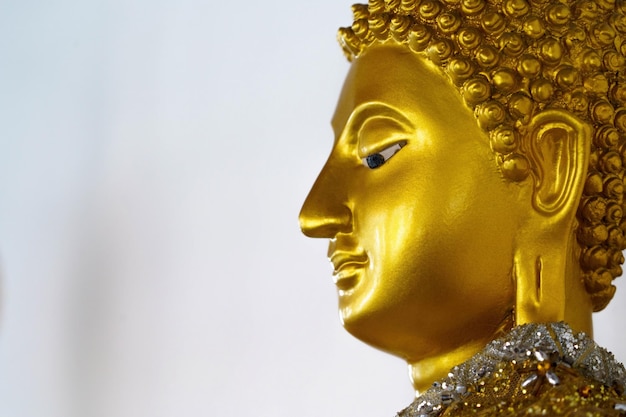 A golden buddha statue with a white background