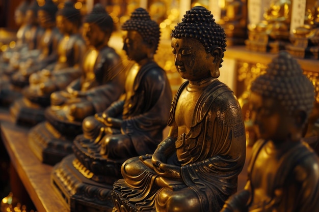 Golden Buddha statues in meditation posture with serene background