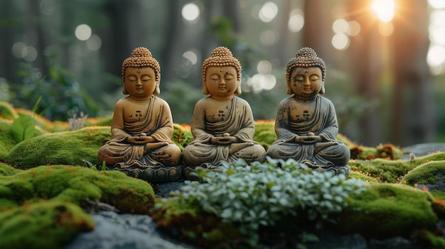 Золотые статуи Будды на моховых скалах Генеративный ИИ