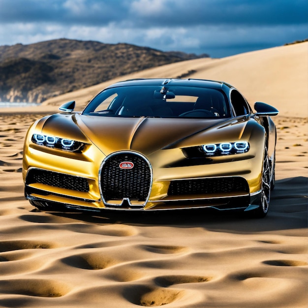 A Golden Bugatti Chiron In The Dessert