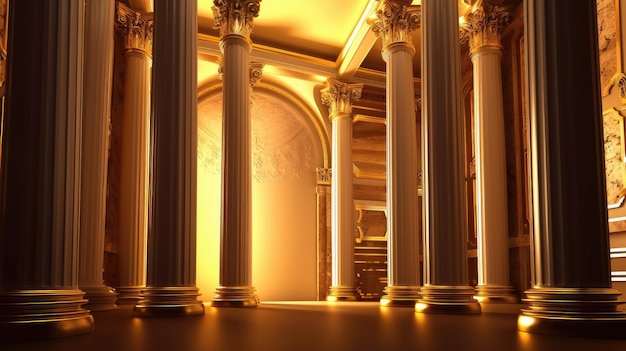 A golden building with columns and gold accents