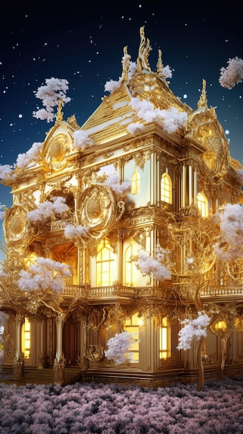 A golden building with snow on the roof