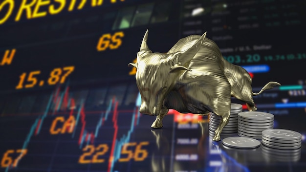 The golden bull and coins on business background 3d rendering