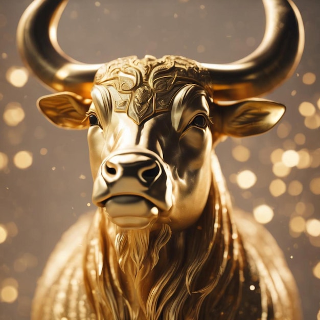 Golden bull statue on shiny background