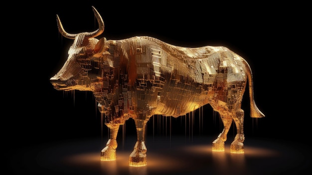 a golden bull statue with a black background