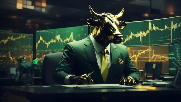 Golden bull wearing a suit and tie watches the stock market on a computer