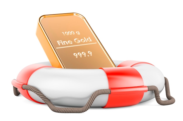 Golden bullion with lifebelt 3D rendering