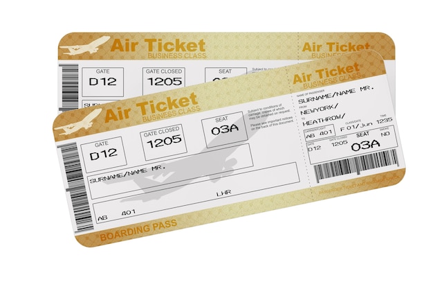 白地にゴールデンビジネスまたはファーストクラスの航空券搭乗券フライエアチケット。 3Dレンダリング
