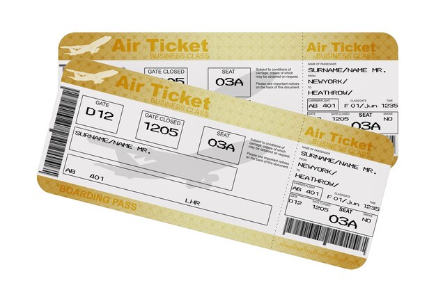 Foto golden business o first class airline boarding pass fly biglietti aerei su sfondo bianco. rendering 3d