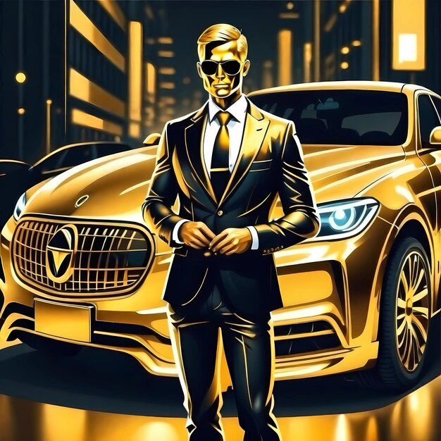 Foto l'uomo d'affari dorato sullo sfondo di un'auto