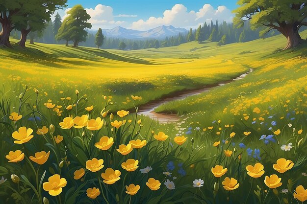 Golden Buttercup Meadow Vibrant Digital Painting