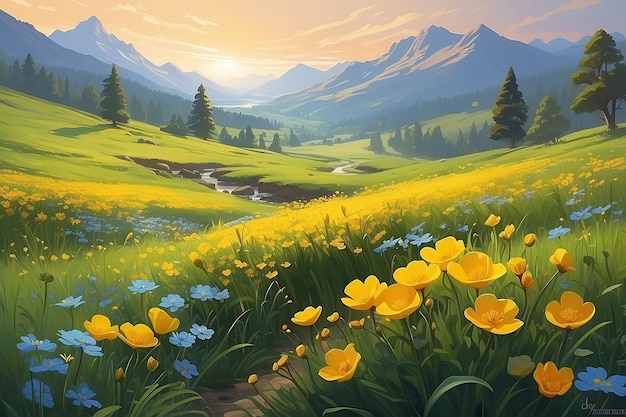 Golden Buttercup Meadow Vibrant Digital Painting