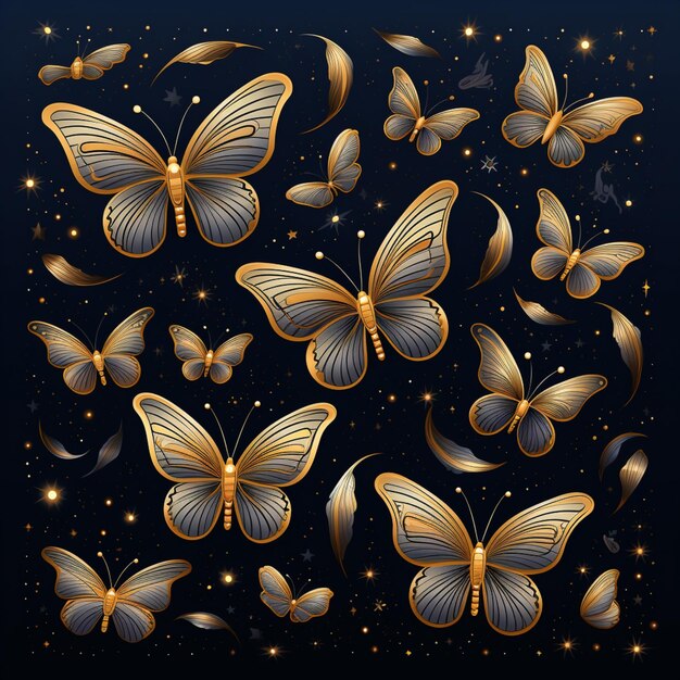 Photo golden butterflies on night sky seamless pattern