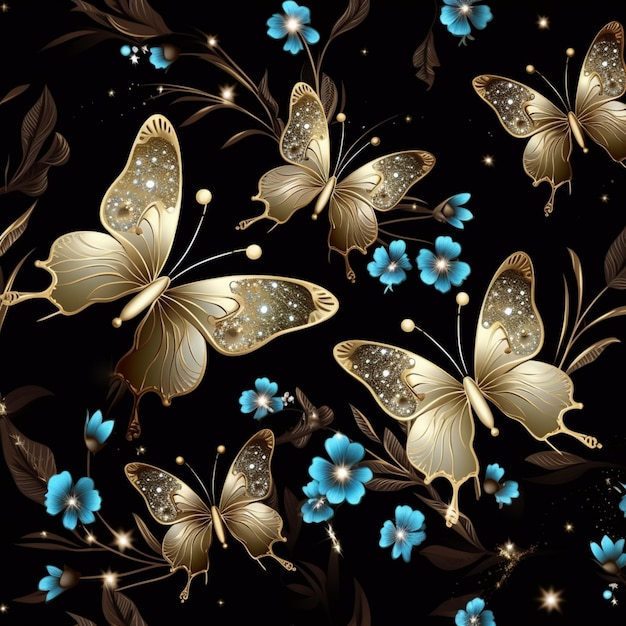 Photo golden butterflies on night sky seamless pattern