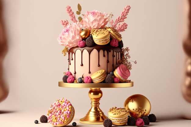 On a golden cake stand with a white background covered with flowers and berries a tall pink cake with macaroons raspberries and chocolate balls is shown frontal copy space