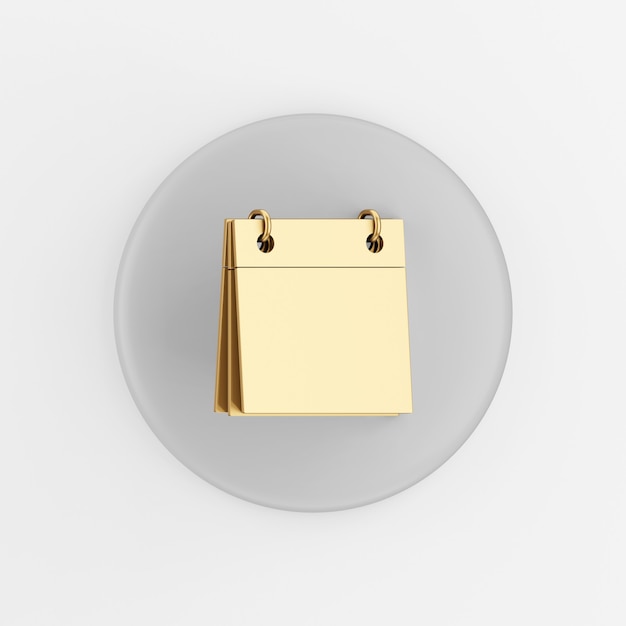 Golden calendar blank icon. 3d rendering gray round key button, interface ui ux element.