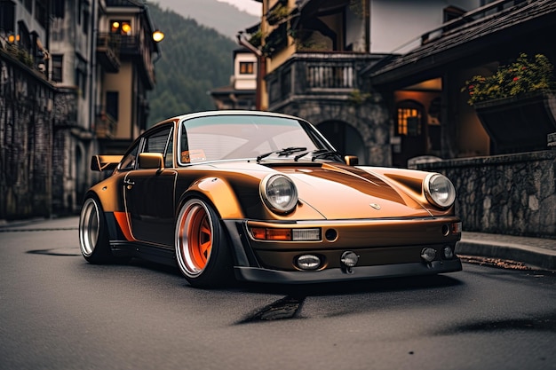 Photo a golden car with a black stripe is driving down a street