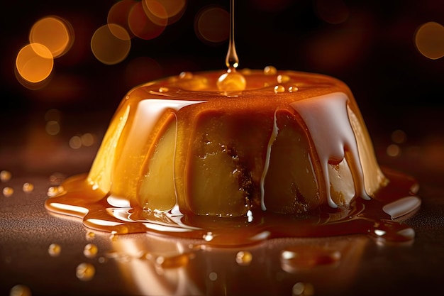 Golden caramel pudding with runny syrup generative IA