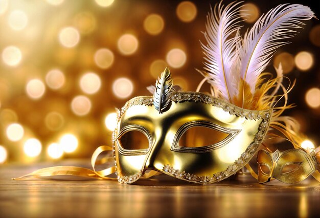 Golden carnival mask with feather on bokeh lights background