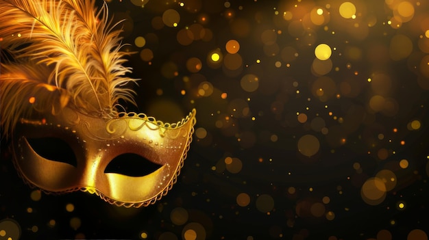 Golden carnival mask with feather on lights background