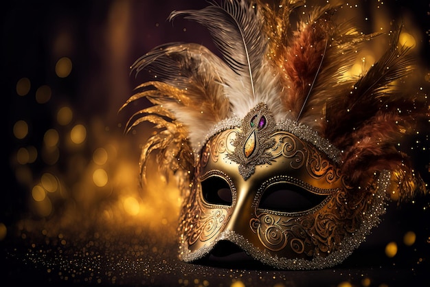 Золотая карнавальная маска с пером на фоне огней