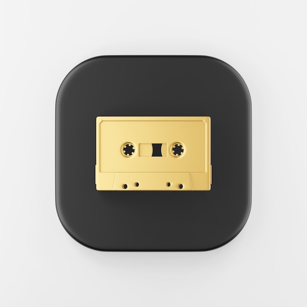 Golden cassette icon. 3d rendering black square button key, interface ui ux element.