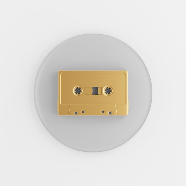 Golden cassette icon. 3d rendering gray round key button, interface ui ux element.