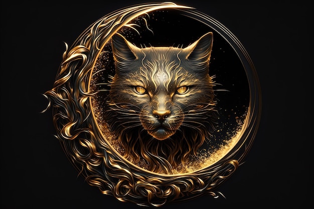Золотой кот в круглой рамке на черном фоне образует характерный логотип.