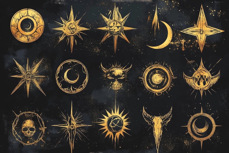 Photo golden celestial symbols on a black background