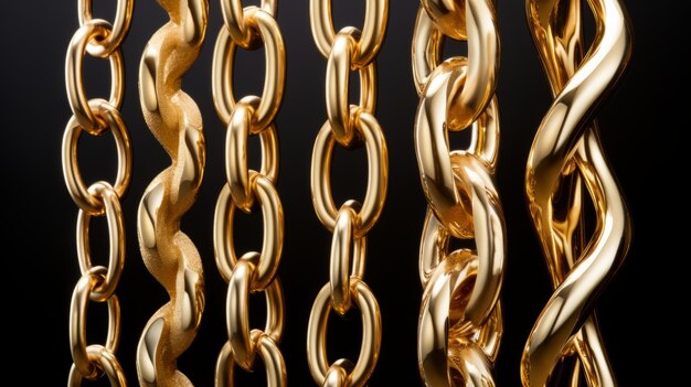 Photo golden chain gold chain isolated on black background various designs of gold chain