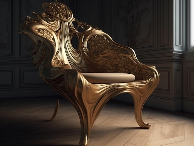 A golden chair in a dark room