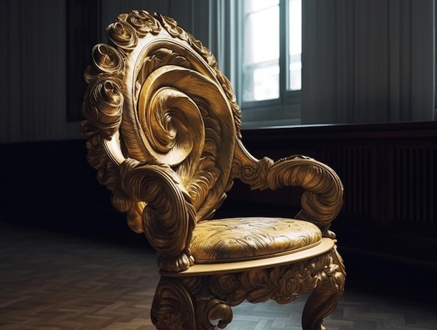 A golden chair with a scroll design on it