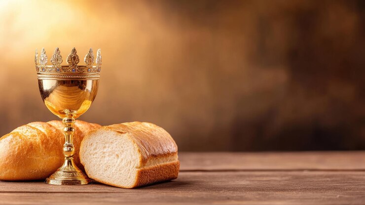 Photo a golden chalice loaf of bread and bible evoke a holy easter celebration on a rustic wooden table
