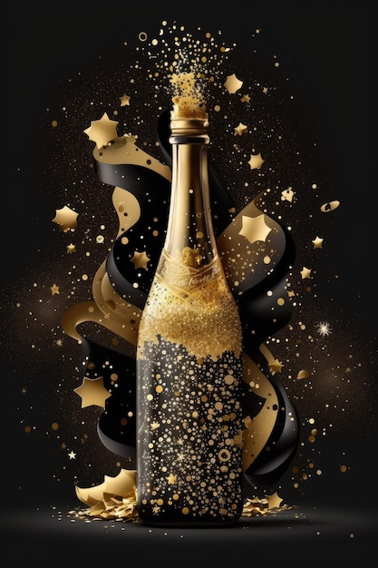 Golden_champagne_bottle_with_confetti_stars_and_party с технологией генеративного искусственного интеллекта