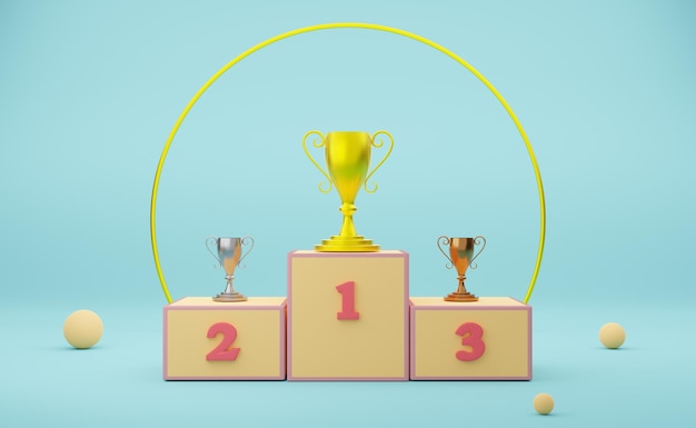 Photo golden champion cup or trophies and winners podium in sky blue pastel composition for modern stage display and minimalist mockup abstract showcase background concept 3d illustration or 3d render