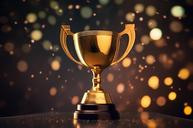 Golden champion trophy cup winner on blur bokeh dark light AI generated illustration