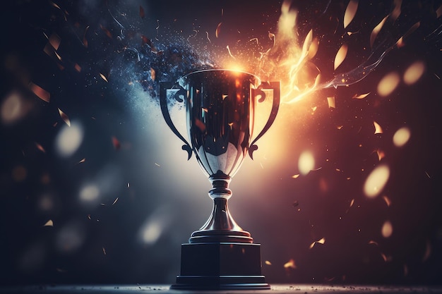 Golden champion trophy cup winner on blur bokeh dark lights background AI generated art