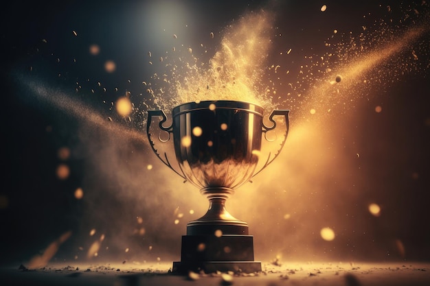 Golden champion trophy cup winner on blur bokeh dark lights background AI generated art