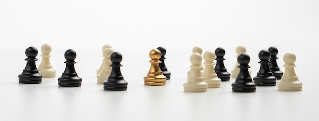 Golden Chess pawn standing to Be around of other chess Concept of a leader must have courage