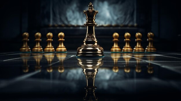 Золотая шахматная фигура, отражающая свет на блестящей поверхности.