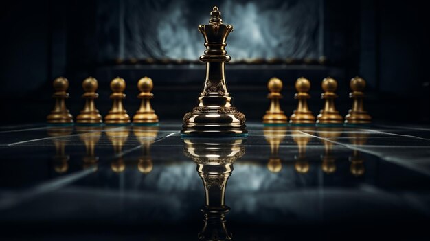 A golden chess piece reflecting light on a shiny surface