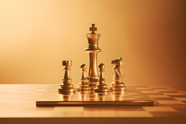 golden chess pieces on golden chess board