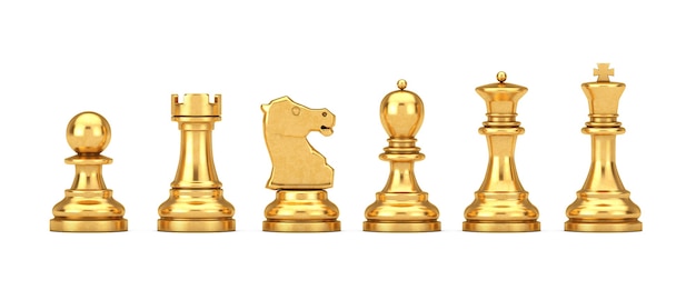 Photo golden chess set on a white background. 3d rendering