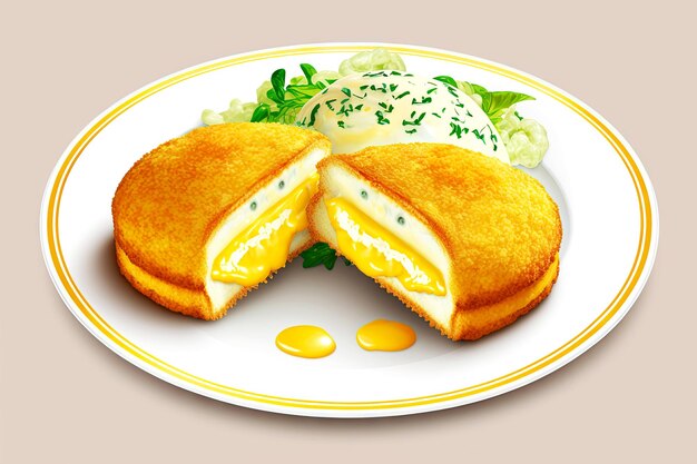 ジェネレーティブ ai で作成された白いプレートにバターとチーズを詰めたゴールデン チキン キエフ パテ